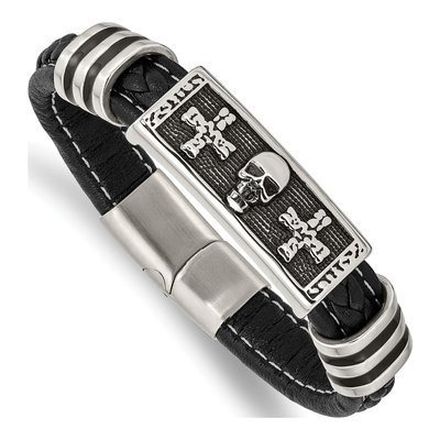 Stainless Steel Skull Braided Leather Bracelet