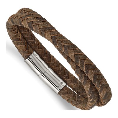 Stainless Steel Brown Leather Wrap Bracelet