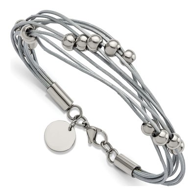 Stainless Steel Grey Leather Beaded Bracelet – view 4