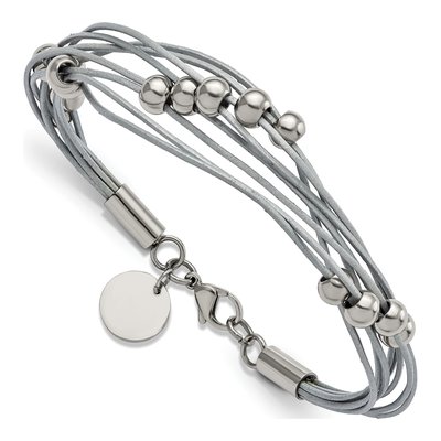 Stainless Steel Grey Leather Beaded Bracelet