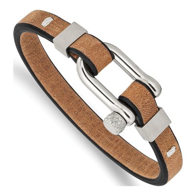 Stainless Steel Black Tan Leather Bracelet