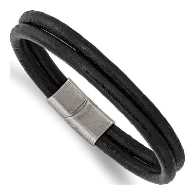 Stainless Steel Black Leather Bracelet