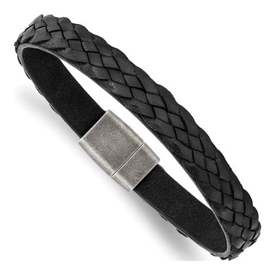 Stainless Steel Black Braided Leather Bracelet