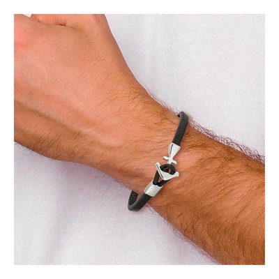 Stainless Steel Anchor Black Leather Bracelet – view 5