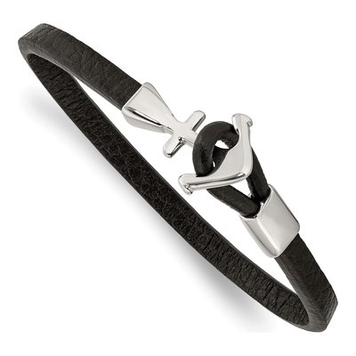 Stainless Steel Anchor Black Leather Bracelet
