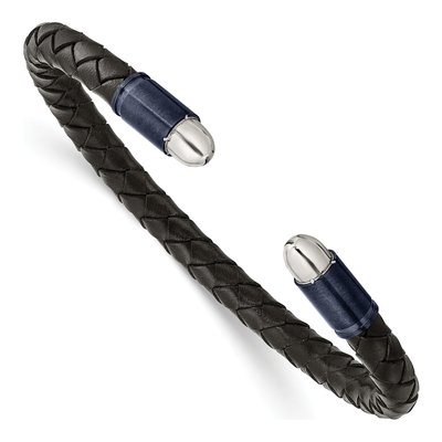 Stainless Steel Blue Grey Leather Cuff Bracelet