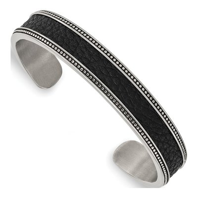 Stainless Steel Leather Inlay Cuff Bracelet
