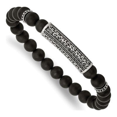 Stainless Steel Agate & CZ Beaded Stretch Bracelet