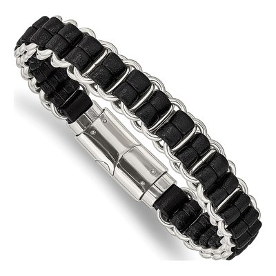Stainless Steel Black Leather Bracelet
