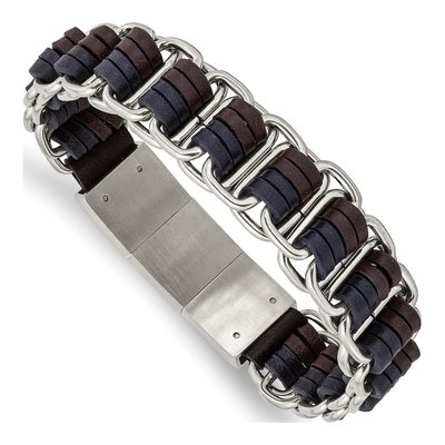 Stainless Steel Blue Brown Leather Bracelet
