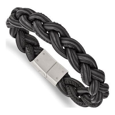 Stainless Steel Black Grey Leather Bracelet