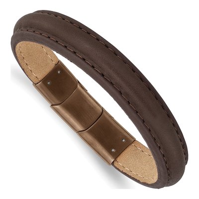 Stainless Steel IP Brown Leather Bracelet