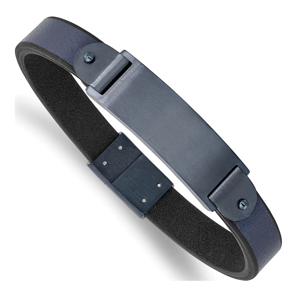 Stainless Steel Blue Leather ID Bracelet