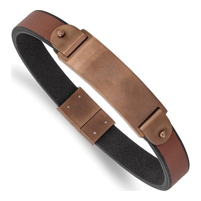Stainless Steel Brown Leather ID Bracelet
