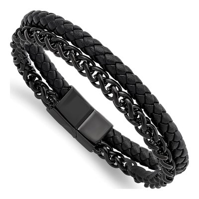 Black Stainless Steel Black Leather Bracelet