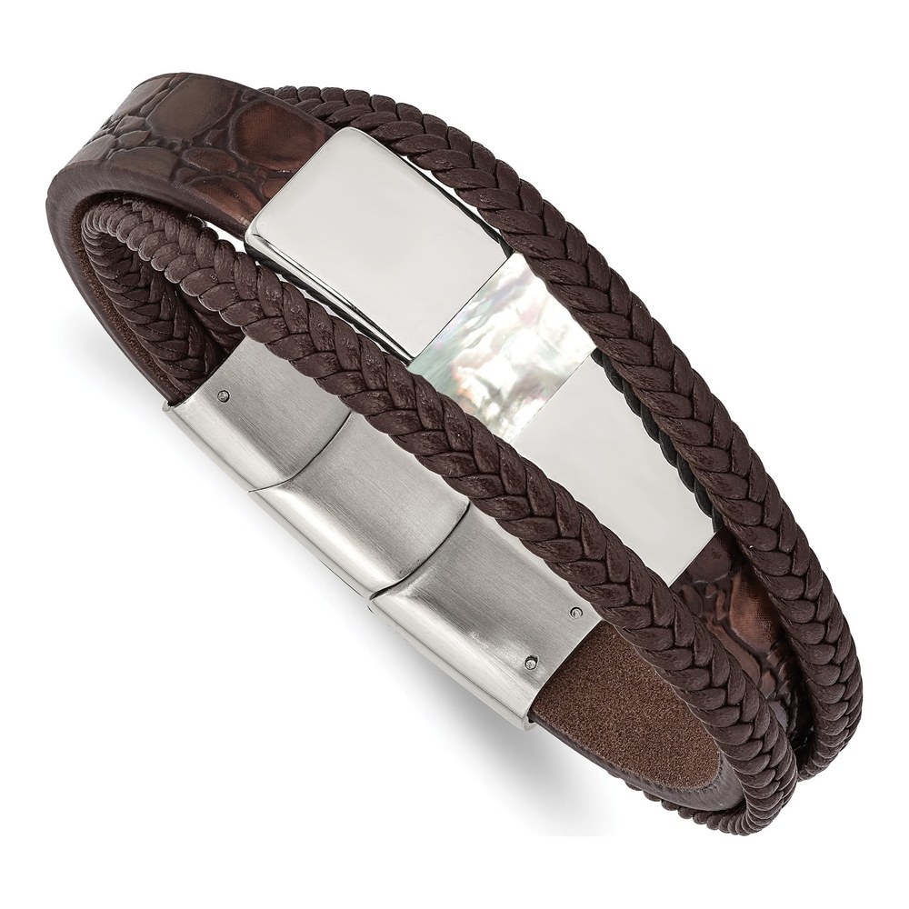 Stainless Steel Brown Leather Pearl Bracelet