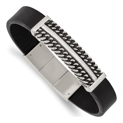 Stainless Steel Black Leather Bracelet