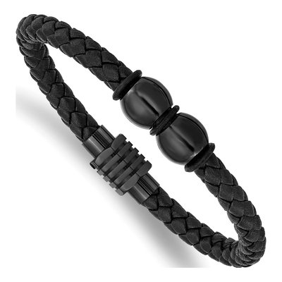 Black Stainless Steel Braided Leather Bracelet