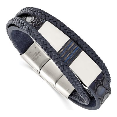 Stainless Steel Blue Leather Wood Bracelet