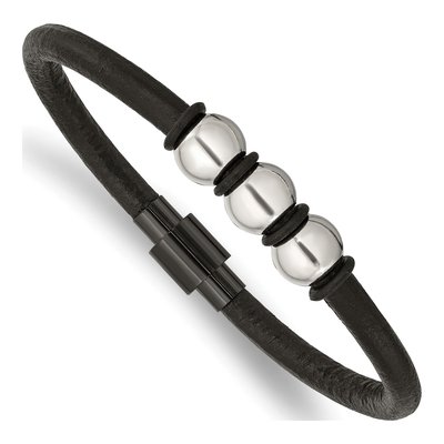 Black Stainless Steel Black Leather Bracelet