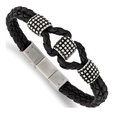 Stainless Steel Black Leather Bracelet