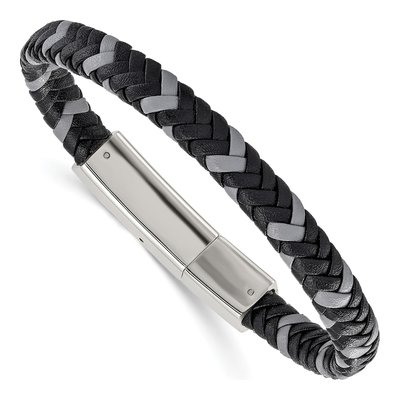 Stainless Steel Black Grey Leather Bracelet