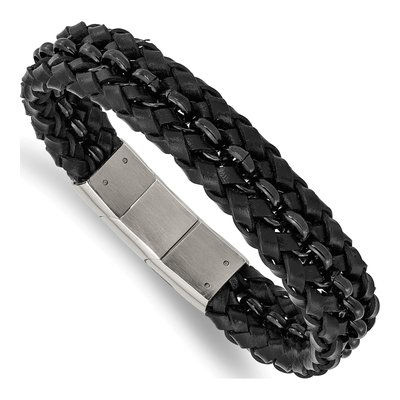 Black Stainless Steel Black Leather Bracelet