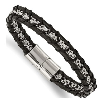 Stainless Steel Flower Link Leather Bracelet