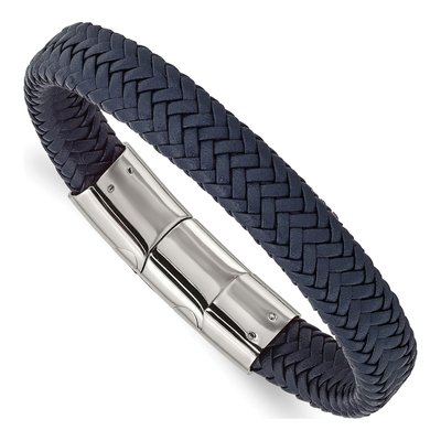 Stainless Steel Navy Blue Braided Leather Bracelet