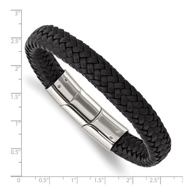 Stainless Steel Black Leather Braided Bracelet – view 4