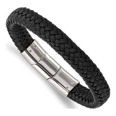 Stainless Steel Black Leather Braided Bracelet