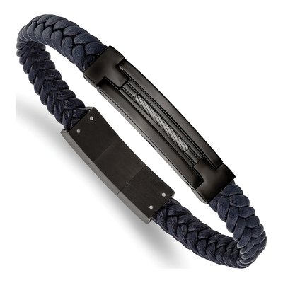 Black Stainless Steel Navy Braided Leather Bracelet