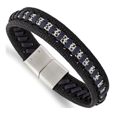 Stainless Steel Black Blue Leather Bracelet