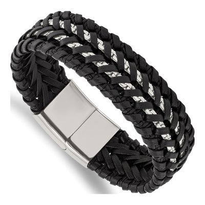 Stainless Steel Black Leather Bracelet