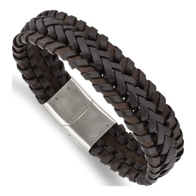 Stainless Steel Brown Braided Leather Bracelet