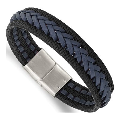 Stainless Steel Black Blue Braided Leather Bracelet
