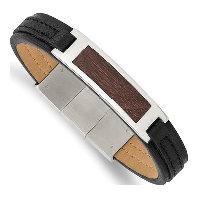 Stainless Steel Wood Inlay Leather Bracelet