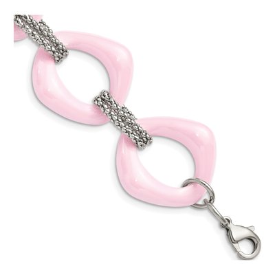 Stainless Steel 29mm Pink Ceramic Open Fancy Link Chain Bracelet