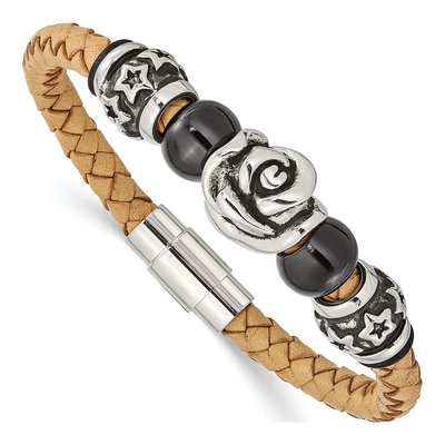 Black Stainless Steel Leather Bracelet