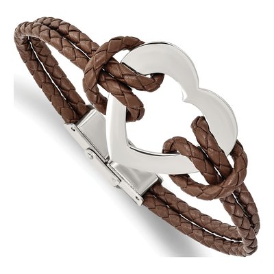 Stainless Steel Brown Leather Heart Bracelet