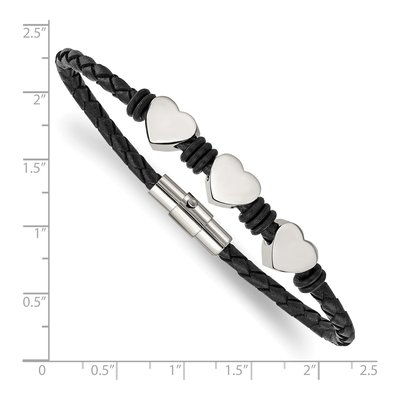 Stainless Steel Hearts Black Leather Bracelet – view 5