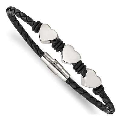 Stainless Steel Hearts Black Leather Bracelet