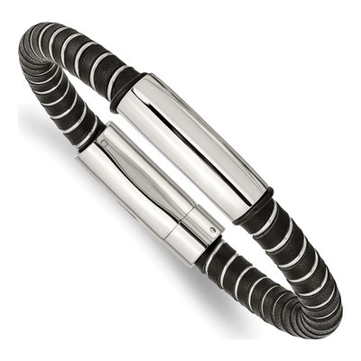 Stainless Steel Black Leather Bracelet