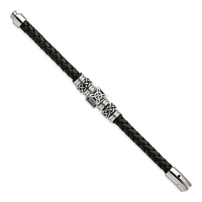 Stainless Steel Black Leather Braided Bracelet – view 4