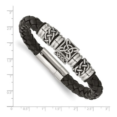 Stainless Steel Black Leather Braided Bracelet – view 5