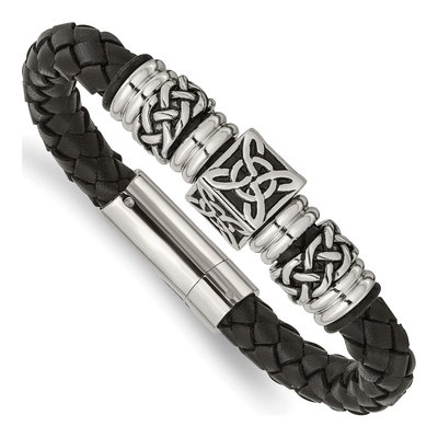 Stainless Steel Black Leather Braided Bracelet