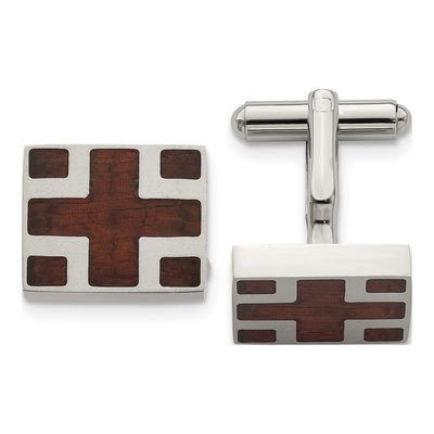 Men's Stainless Steel Cross Cufflinks with Cherry Wood Inlay