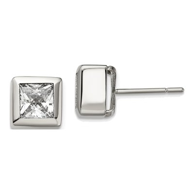 Stainless Steel CZ Square Stud Earrings