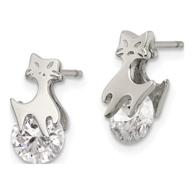 Stainless Steel Round CZ Cat Stud Earrings – view 4