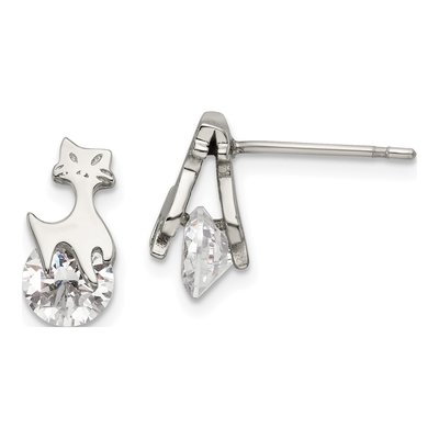Stainless Steel Round CZ Cat Stud Earrings